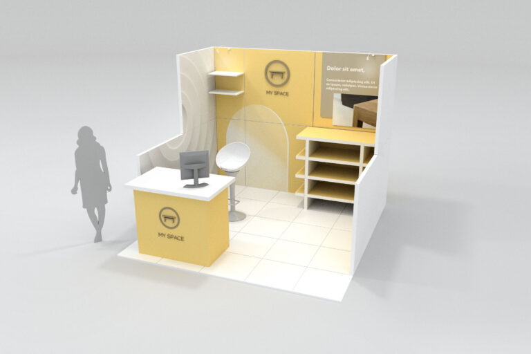 small tradeshow booth with shelving and welcome counter