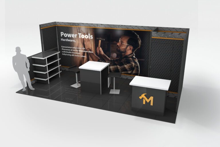 a medium size tradeshow booth with tables, shelves and graphic wall panels
