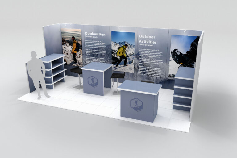 a medium size tradeshow booth with tables, shelves and graphic wall panels