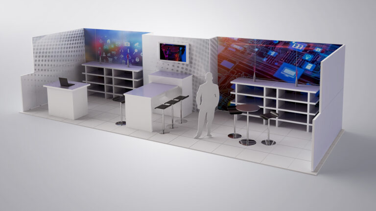 a large size tradeshow booth with tables, shelves and graphic wall panels